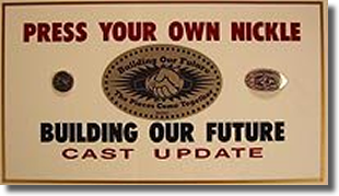 Building Our Future elongated nickel machine marquee sign