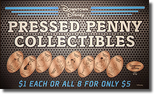 Marquee of the New World of Disney Downtown  
                                                      Disney Characters Aladin & Genie, Pocahontas, Alice, Ariel, Pinocchio, Tink, Mowgli, Jiminy Eight Choice Penny Press 7/30/2022