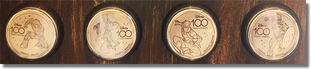 Disneyland medallion machine button set #9 guide #s 34-37. Groot, Spider-Man, Black Panther and Captain America. Collectors' Warehouse 1/27/2023