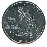 #20, Disneyland Resort's Disney 100 Years of Wonder Souvenir Medallion featuring Goofy and Pluto.