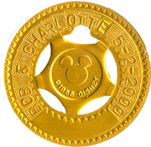 Disneyland Metal Typer Token, "Bob & Charlotte 5-2-2000" gold color.