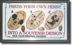Mickey Mouse, Steamboat Willie, and Sourcerer Mickey pressed penny machine marquee, DL0057, DL0033, DL0034. Image courtesy of the Wooten Family.