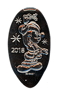 2018 Happy Santa Mickey holding mistletoe while looking to Minnie on the next pressed nickel.
