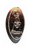 CA0301 Vending Style Penny Press Machine Goofy over a Disney California Adventure Banner vertical elongated pressed coin.