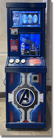 CA0238-240 Marvel Avengers / Marvel pressed quarter machine. The last real coin press standing at the Disneyland Resort.