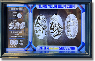 CA0238-240 Marvel Avengers / Marvel pressed quarter marquee. The last real coin press standing at the Disneyland Resort. 