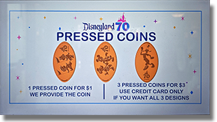 CA0322-24 70th pressed souvenirs, Mickey and Minnie, Chip N Dale, Goofy. Located at Trolley Treats in Disney California Adventure. 1-2026.