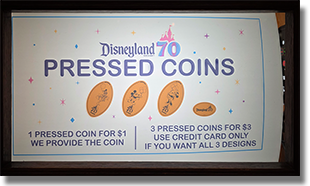 Marquee for the CA0333-335 souvenir press. Donald, Mickey, and Minnie California Adventure 70th Anniversary (now) pressed souvenirs. Located inside the Julius Katz Gift Shop in California Adventure. 1-2026.