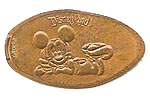 DL0348 Mickey laying down, pressed penny elongated coin image. 