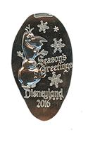 DL0664 Olaf SEASON'S GREETINGS DISNEYLAND PARK 2016 souvenir pressed nickel coin image.