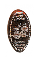 DL0774 Vending Style Penny Press Machine Mickey & Minnie's Runaway Railroad featuring Mickey and Minnie enjoying a fun picnic vertical pressed penny. 