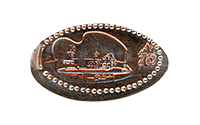 DL0855 Vending Style Penny Press Machine Mickey Mouse Piloting a Submarine a 70th Logo is on the right in make this horizontal Disneyland Resort 70th Anniversary pressed penny design. Located in the Space Mountain Exit area, Tomorrowland, Disneyland Park, USA. Onstage by May 17, 2025.  