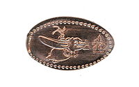 DL0858 Vending Style Penny Press Machine Dumbo Flying Pluto Skyward, with a 70th Logo, make up this horizontal Disneyland Resort 70th Anniversary pressed penny image. Located in the It's A Small World Toy Shop, Fantasyland, Disneyland Park, USA. Onstage by May 17, 2025.  