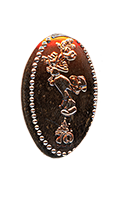 DL0869 Vending Style Penny Press Machine Clarabelle Dancing over a 70th Anniversary Logo, vertical Disneyland Resort 70th Anniversary pressed penny image.  Located in the EngineEar Souvenirs Gift Shop, Toontown, Disneyland, USA. First reported onstage by May 16, 2025 
