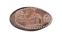 DL0874 Vending Style Penny Press Machine The Haunted Mansion, 70th Anniversary Logo, horizontal Disneyland Resort 70th Anniversary pressed penny. Located in the The Court des Anges, near Port Royal Curios, New Orleans Square, Disneyland Park, USA, in the coffin coin press.  First reported onstage by May 19, 2025. 