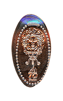 DL0875 Vending Style Penny Press Machine Madame Leota Above a 70th Anniversary Logo, vertical Disneyland Resort 70th Anniversary pressed penny. Located in the The Court des Anges, near Port Royal Curios, New Orleans Square, Disneyland Park, USA, in the coffin coin press.  First reported onstage by May 19, 2025. 