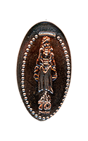 DL0876 Vending Style Penny Press Machine Little Leota Above a 70th Anniversary Logo, vertical Disneyland Resort 70th Anniversary pressed penny. Located in the The Court des Anges, near Port Royal Curios, New Orleans Square, Disneyland Park, USA, in the coffin coin press.  First reported onstage by May 19, 2025. 