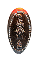 DL0878 Vending Style Penny Press Machine Tightrope Daisy de la Cruz, above a 70th Anniversary Logo, vertical Disneyland Resort 70th Anniversary pressed penny.  Located in the The Court des Anges, near Port Royal Curios, New Orleans Square, Disneyland Park, USA, in the coffin coin press.  First reported onstage by May 19, 2025. 
