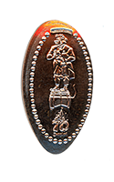 DL0881 Vending Style Penny Press Machine Alexander Nitrokoff, the Dynamite Guy, Standing Above a 70th Anniversary Logo, vertical Disneyland Resort 70th Anniversary pressed penny image.   Located in the The Court des Anges, near Port Royal Curios, New Orleans Square, Disneyland Park, USA, in the coffin coin press.  First reported onstage by May 19, 2025. 