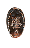 DL0882 Vending Style Penny Press Machine Pirates of the Caribbean Pirate Mickey, above a 70th Anniversary Logo, vertical Disneyland Resort 70th Anniversary pressed penny design. Located outside on the Bonanza Outfitters Boardwalk in Frontierland, Disneyland Park, DisneyLand, USA. First reported onstage by May 19, 2025. 