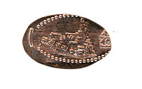 DL0884 Vending Style Penny Press Machine Thunder Mountain Railroad and a 70th Anniversary Logo, horizontal Disneyland Resort 70th Anniversary pressed penny image.  Located outside on the Bonanza Outfitters Boardwalk in Frontierland, Disneyland Park, DisneyLand, USA. First reported onstage by May 19, 2025. 