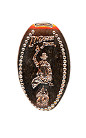 DL0885 Vending Style Penny Press Machine Indiana Jones Banner over Mr. Indiana Jones AKA Indy, a 70th Anniversary Logo Below, vertical Disneyland Resort 70th Anniversary pressed penny design. Located in the Adventureland Bazaar, Rajah's Mint Machine number 1 of 3, Adventureland, Disneyland Park, USA. First reported onstage by May 21, 2025. 