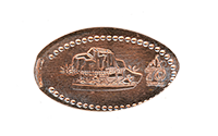 DL0891 Vending Style Penny Press Machine Jungle Cruise Attraction with Jungle River Boat at Center, 70th Anniversary Logo, horizontal Disneyland Resort 70th Anniversary pressed penny image. Located in the Adventureland Bazaar, Rajah's Mint Machine number 3 of 3, Adventureland, Disneyland Park, USA. First reported onstage by May 21, 2025. 