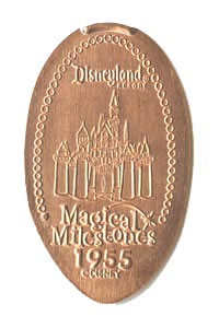 1955 pressed penny Castle, Opening Day of Disneyland Park from the ParkPennies.com collection of Disneyland 50th Anniversary Magical Milestones pressed coins.