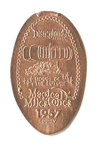 1957 pressed penny House of the Future Opens from the ParkPennies.com collection of Disneyland 50th Anniversary Magical Milestones pressed coins.