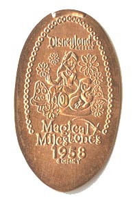 1958 pressed penny Alice In Wonderland Opens from the ParkPennies.com collection of Disneyland 50th Anniversary Magical Milestones pressed coins.