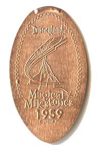 1959 pressed penny Disneyland Monorail Opens from the ParkPennies.com collection of Disneyland 50th Anniversary Magical Milestones pressed coins.