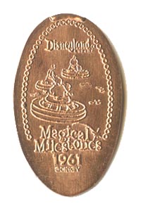 1961 pressed penny Flying Saucers Opens from the ParkPennies.com collection of Disneyland 50th Anniversary Magical Milestones pressed coins.
