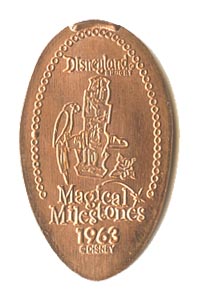 1963 pressed penny Walt Disneys Enchanted Tiki Room Opens from the ParkPennies.com collection of Disneyland 50th Anniversary Magical Milestones pressed coins.