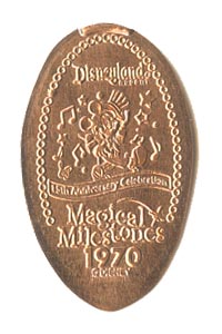1970 Elongated Coin Mickey Mouse, 15th ANNIVERSARY CELEBRATION from the ParkPennies.com collection of Disneyland 50th Anniversary Magical Milestones pressed coins.