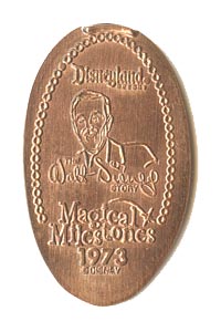 1973 pressed penny The Walt Disney Story Opens from the ParkPennies.com collection of Disneyland 50th Anniversary Magical Milestones pressed coins.