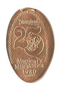 1980 pressed penny Mickey Mouse, 25th Anniversary of Disneyland Park from the ParkPennies.com collection of Disneyland 50th Anniversary Magical Milestones pressed coins.