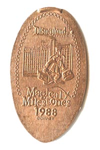 1988 pressed penny Bellhop Goofy, Walt Disney Co. Buys the Disneyland Hotel from the ParkPennies.com collection of Disneyland 50th Anniversary Magical Milestones pressed coins.