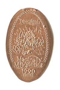 1990 pressed penny Mickey and Minnie, Party Gras Parade Debuts from the ParkPennies.com collection of Disneyland 50th Anniversary Magical Milestones pressed coins.