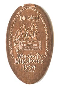 1994 pressed penny The Lion King Celebration Parade from the ParkPennies.com collection of Disneyland 50th Anniversary Magical Milestones pressed coins.