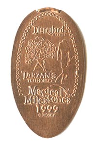 1999 pressed penny Tarzan’s Treehouse Opens from the ParkPennies.com collection of Disneyland 50th Anniversary Magical Milestones pressed coins.