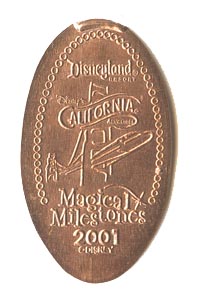 2001 pressed penny DCA, Downtown Disney and Grand Hotel Open from the ParkPennies.com collection of Disneyland 50th Anniversary Magical Milestones pressed coins.