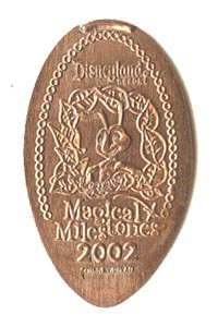 2002 pressed penny Flik, a bug's land Opens from the ParkPennies.com collection of Disneyland 50th Anniversary Magical Milestones pressed coins.