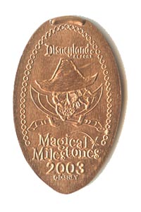 2003 squished penny The Curse of the Black Pearl - Film Premiere at Disneyland from the ParkPennies.com collection of Disneyland 50th Anniversary Magical Milestones pressed coins.