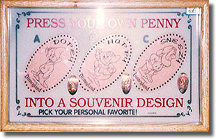 DL0042-43-44 Dopey, Happy and Sneezy pressed penny machine marquee. Image courtesy of the Wooten Family. 