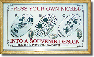 Top Hat Mickey, Mickey Rays or Starburst and Minnie Mouse DL0058-76-60 Disneyland pressed nickel machine marquee. Image courtesy of the Wooten Family.