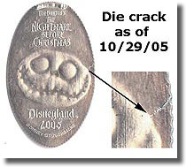 DL0332A RETIRED Cracked 2005 Jack Skellington smashed quarter elongated coin image.