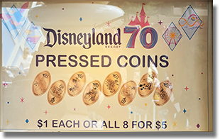 DL0858-865 it's a small world Gift Shop, Souvenir Press Dumbo, Tea Cups, Carousel, Mr. Toad, Small World, Matterhorn, Storybook Land, Casey Jr.  Disneyland 70th Anniversary Pressed Souvenir Machine Marquee. 1-2026.