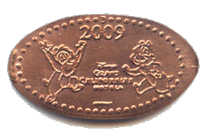 DN0071 2009 Chip N Dale Prototype Pressed Coin. 2009 Chip 'N Dale to the left and right of DISNEY'S GRAND CALIFORNIAN HOTEL ®, ©DISNEY, dot border, D for Disneyland. 