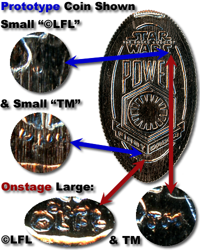 The prototype  DN0129 and onstage DL0637 First Order Logo pressed coin details.