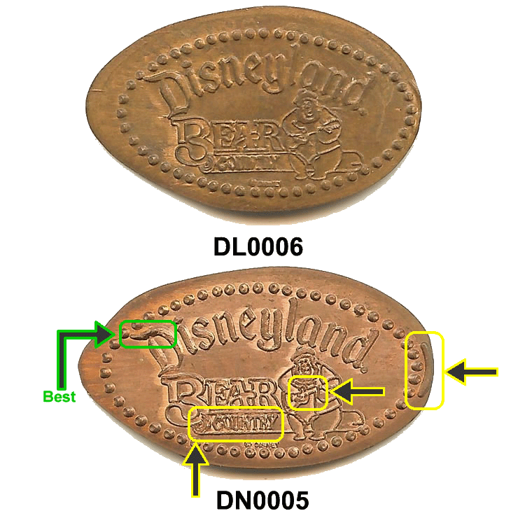 DN0005 vs. DL0006 Country Bear Disney Pressed Penny elongated coin comparison